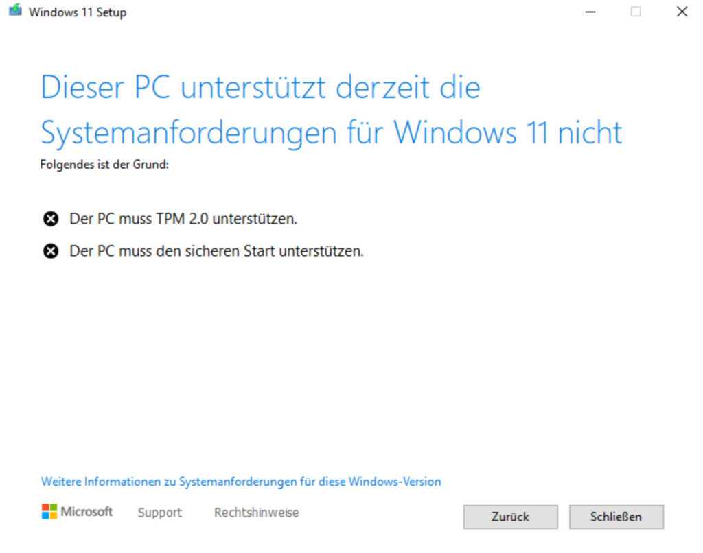 Dieser PC unterstützt derzeit die Systemanforderungen von Windows 11 nicht